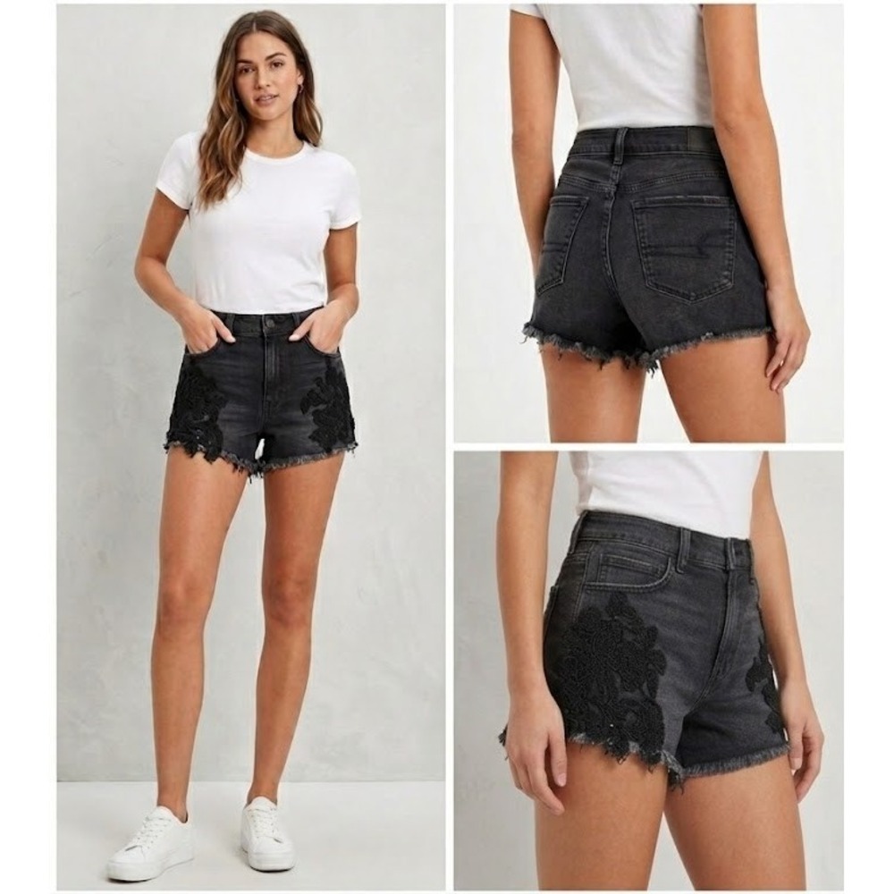 American‎ Eagle Hi-Rise Shortie Shorts Womens 8 Black Crochet Lace Stretch